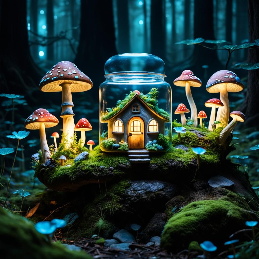 Enchanted Fairy Mushroom Houses in Bioluminescent Jars