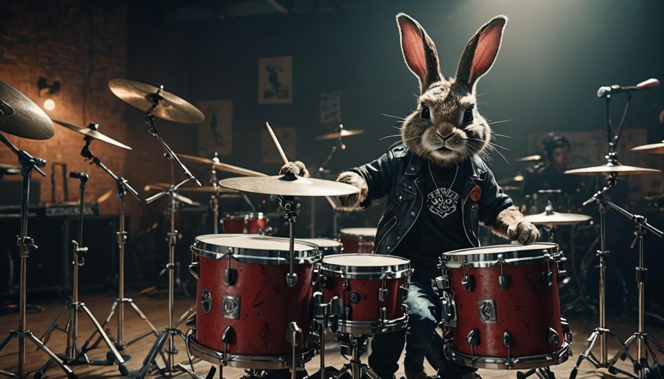 Punk Rock Rabbit Drummer in Cinematic Style