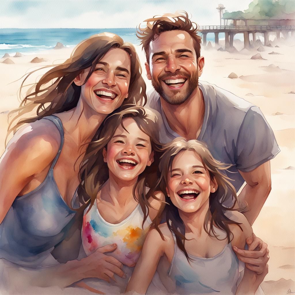 Brunette Family Laughing on Beach in Watercolor Style
