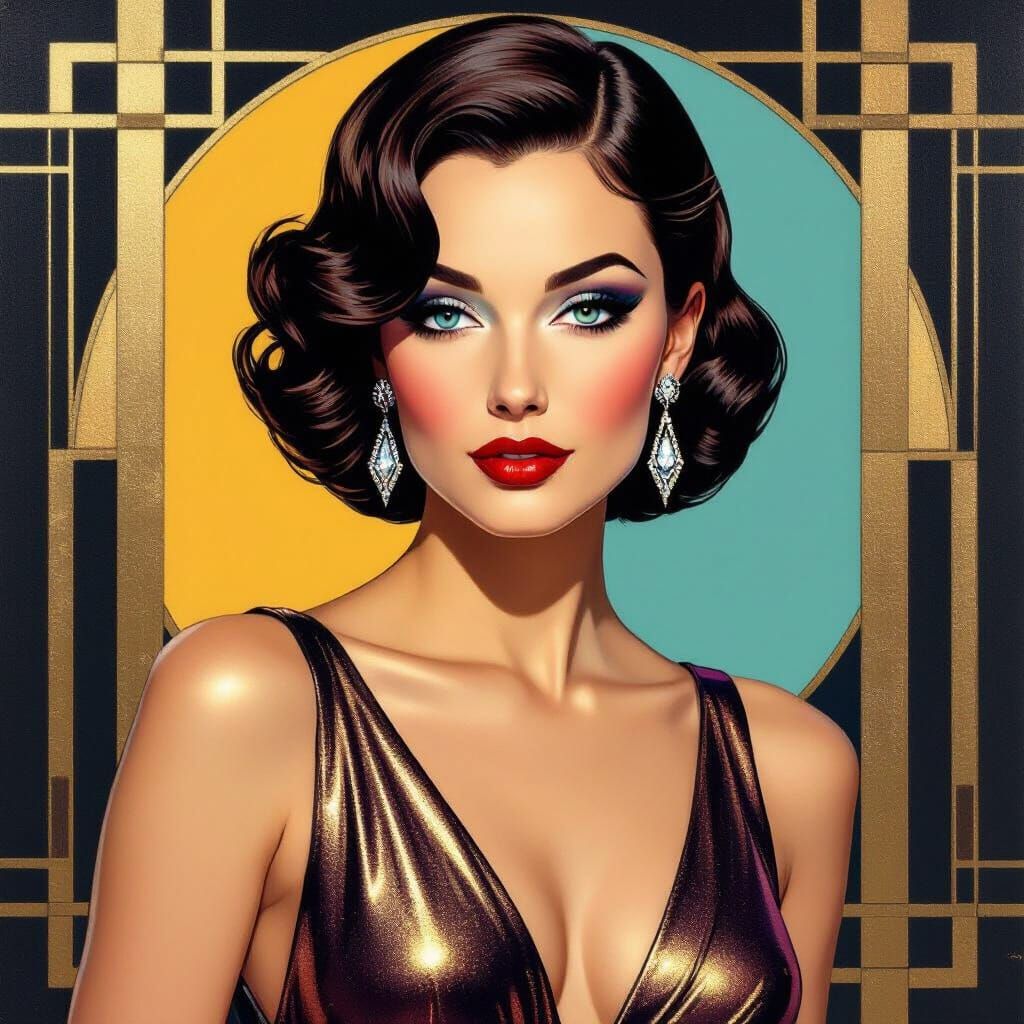 Glamorous Pin-Up in Art Deco Metallic Brilliance