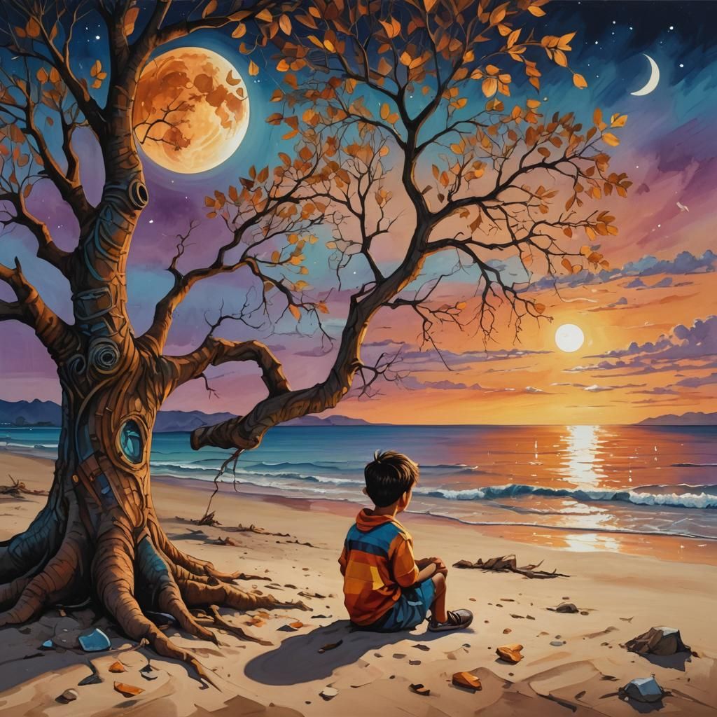 Pop Surrealism: Boy Under Tree at Sunset