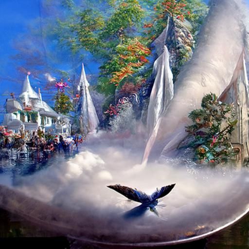 Ethereal Silver Bird Flight in Fantasy Landscape