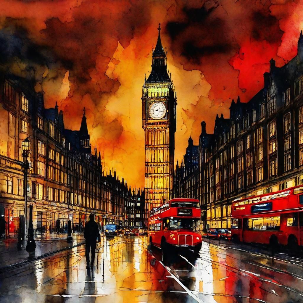Ethereal City Nightscape with Big Ben, in Vibrant, Expressiv...