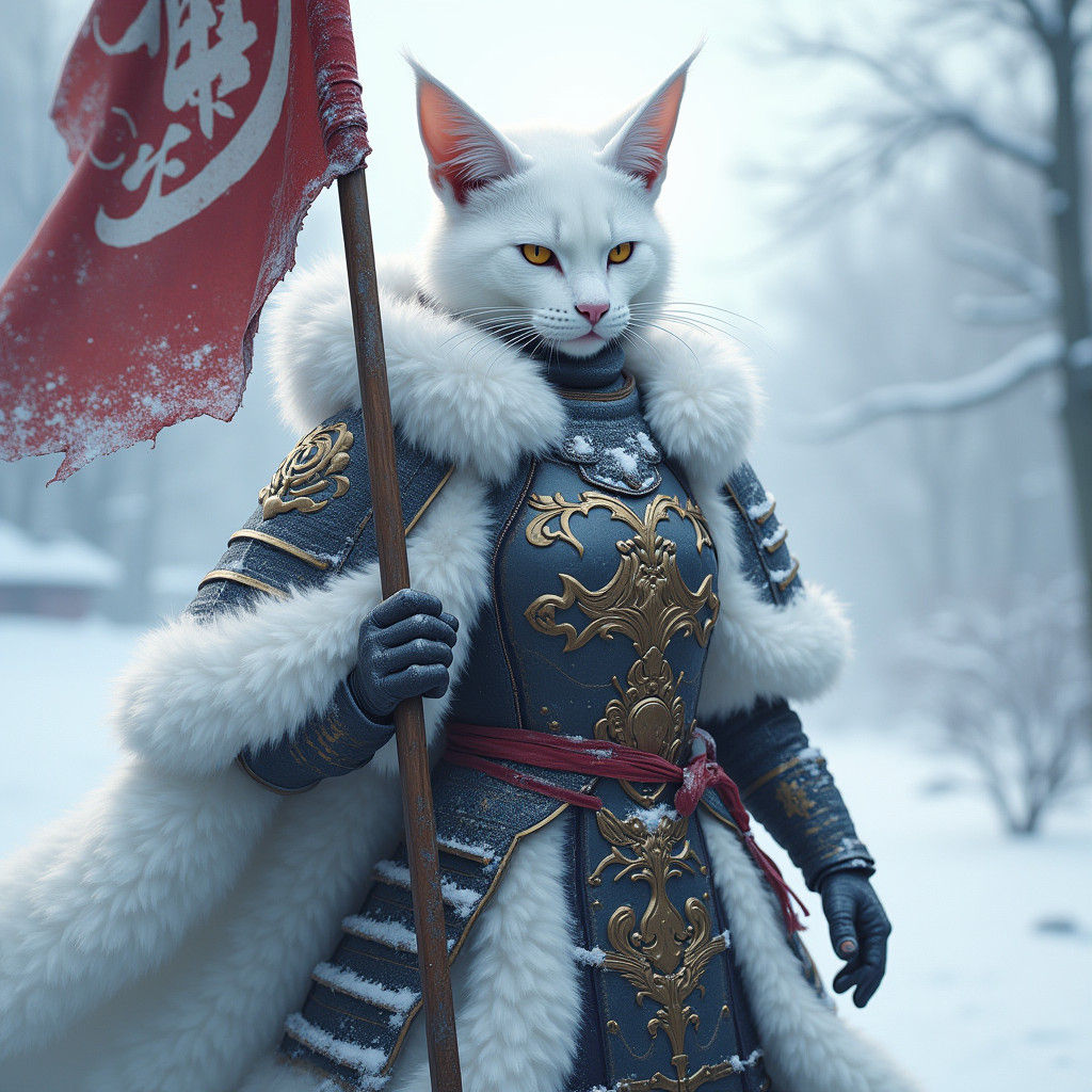 Catfolk Samurai Commander in Snowy Landscape