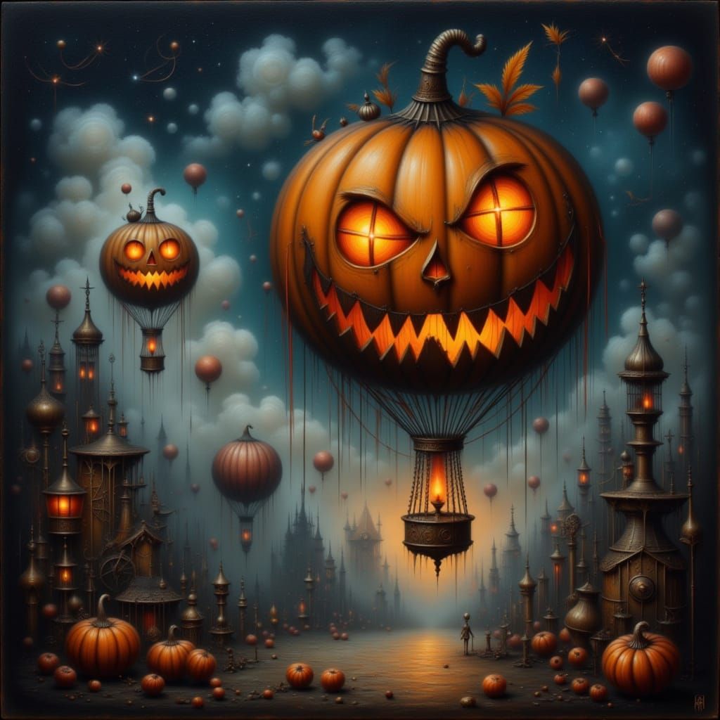 Steampunk Jack-o'-Lanterns Float in Dreamlike Night Sky