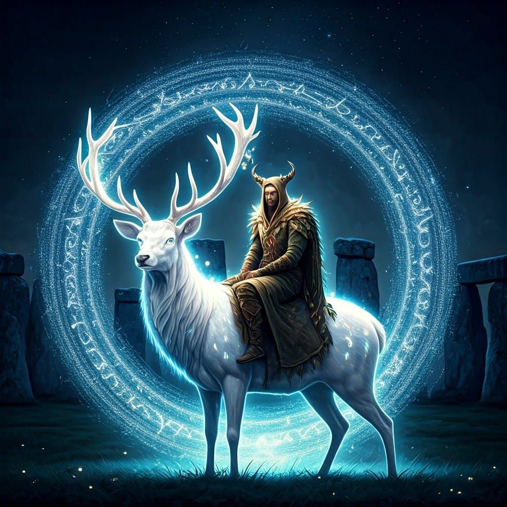 Druid on Luminous Stag Under Starry Sky
