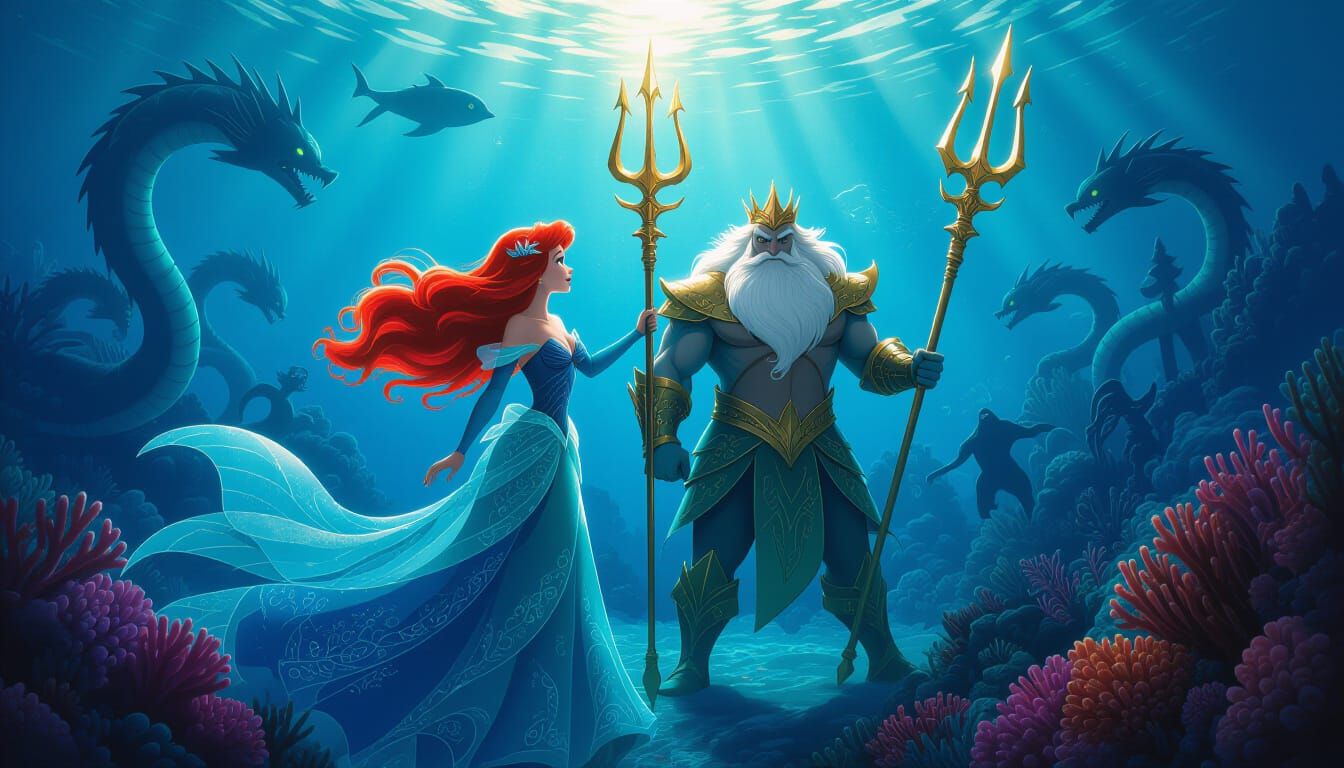 Ariel and King Triton United in Underwater Battle