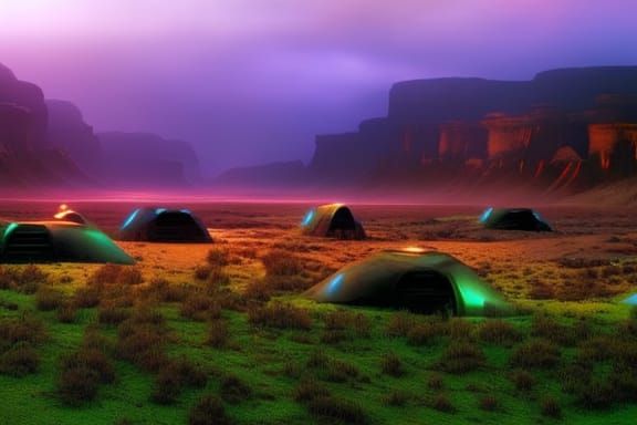 Valley of Dinosaur Skulls at Night in Cyberpunk Style