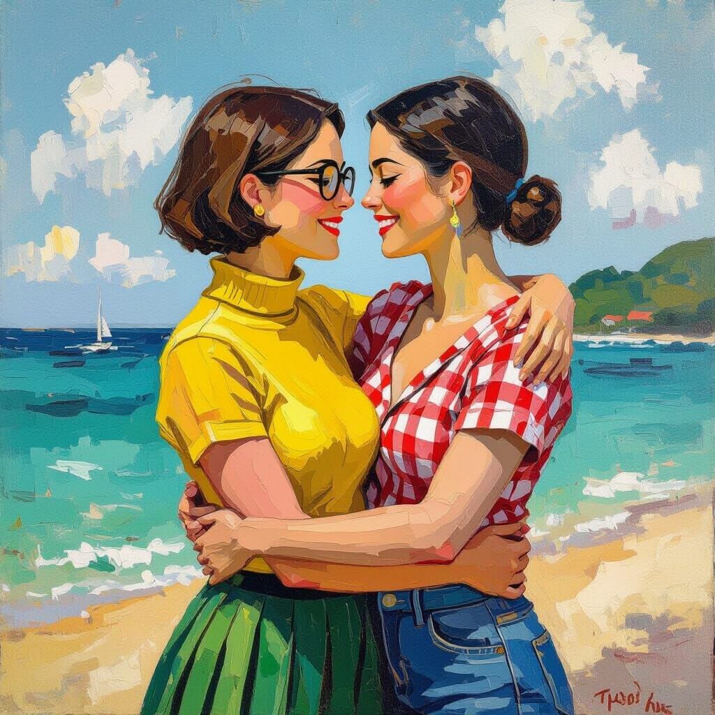 Two Women Embrace on Tropical Beach, Impasto Oil Painting
