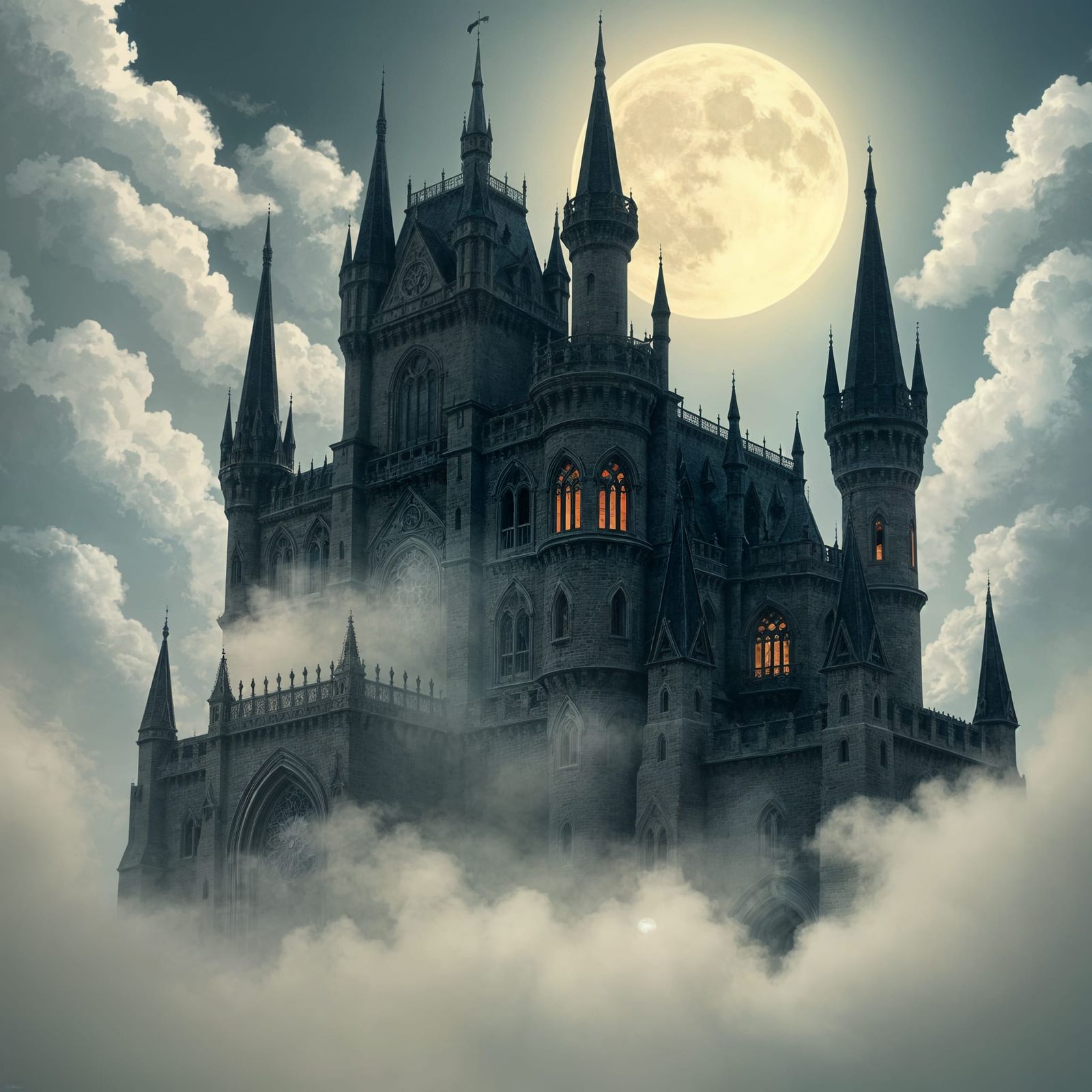 Gothic Castle Drawing in Moonlight and Fog