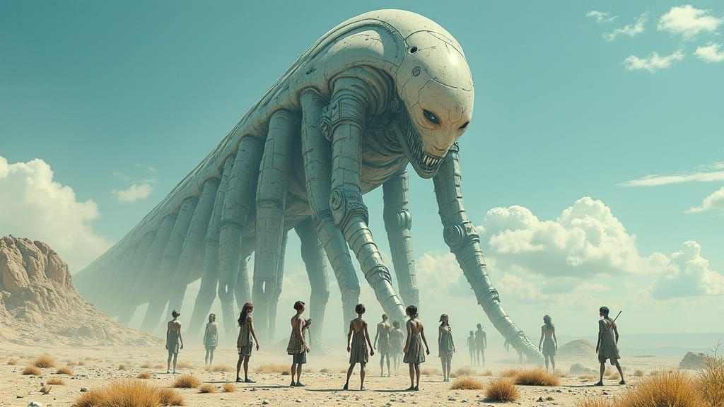 Cyborgs Gather Around Towering Androgyne Construct in Haunti...