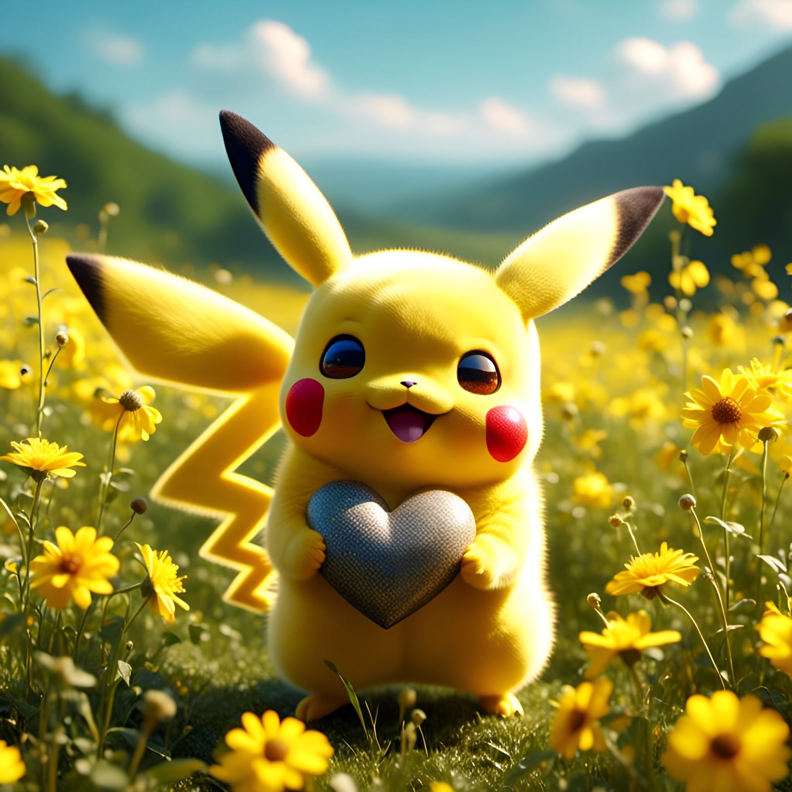 Happy Pikachu Holding Heart in Sunny Flower Field