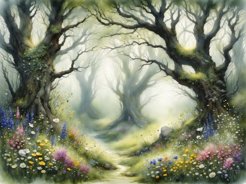 Ethereal Forest Morning in Watercolor Style