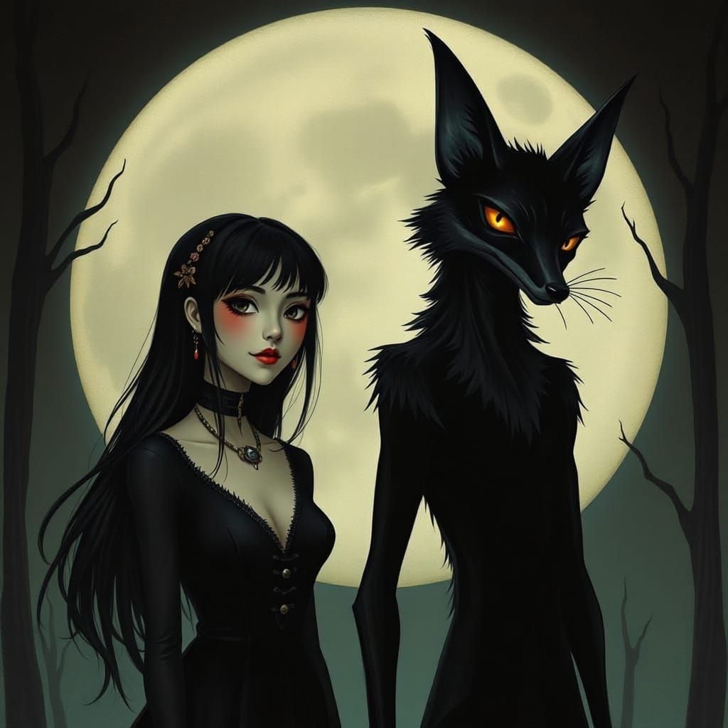 Eerie Woman and Fox in Tim Burton Style