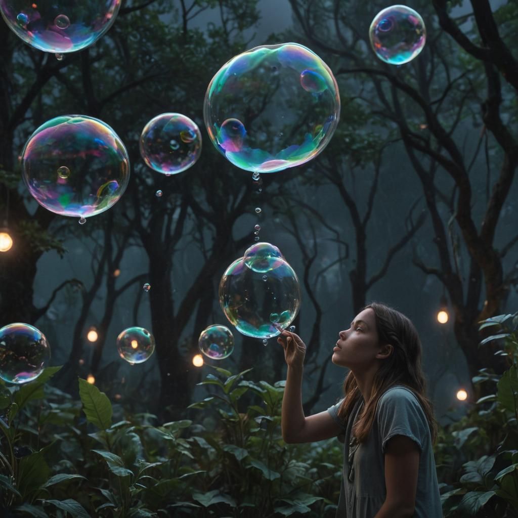 Girl Blowing Bubbles with Bioluminescent Ecosystem