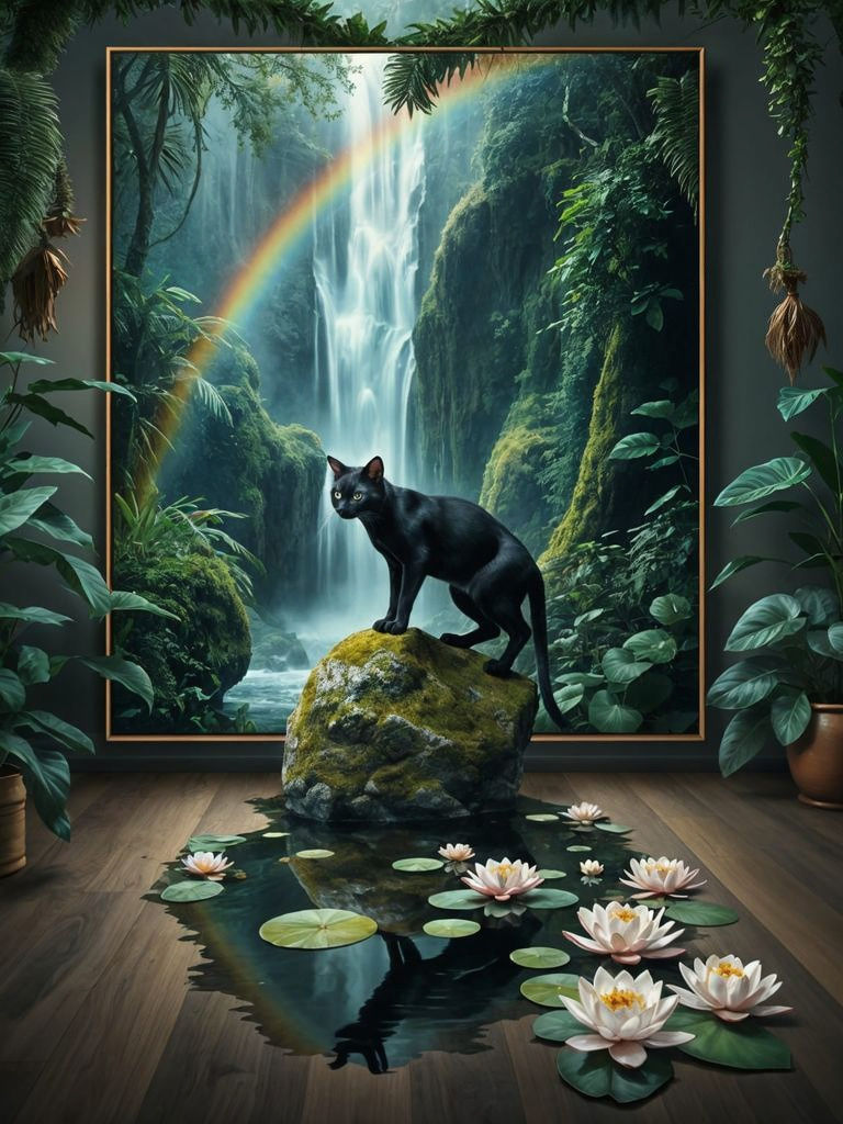 Sleek Black Cat Emerges from Surreal Jungle Painting
