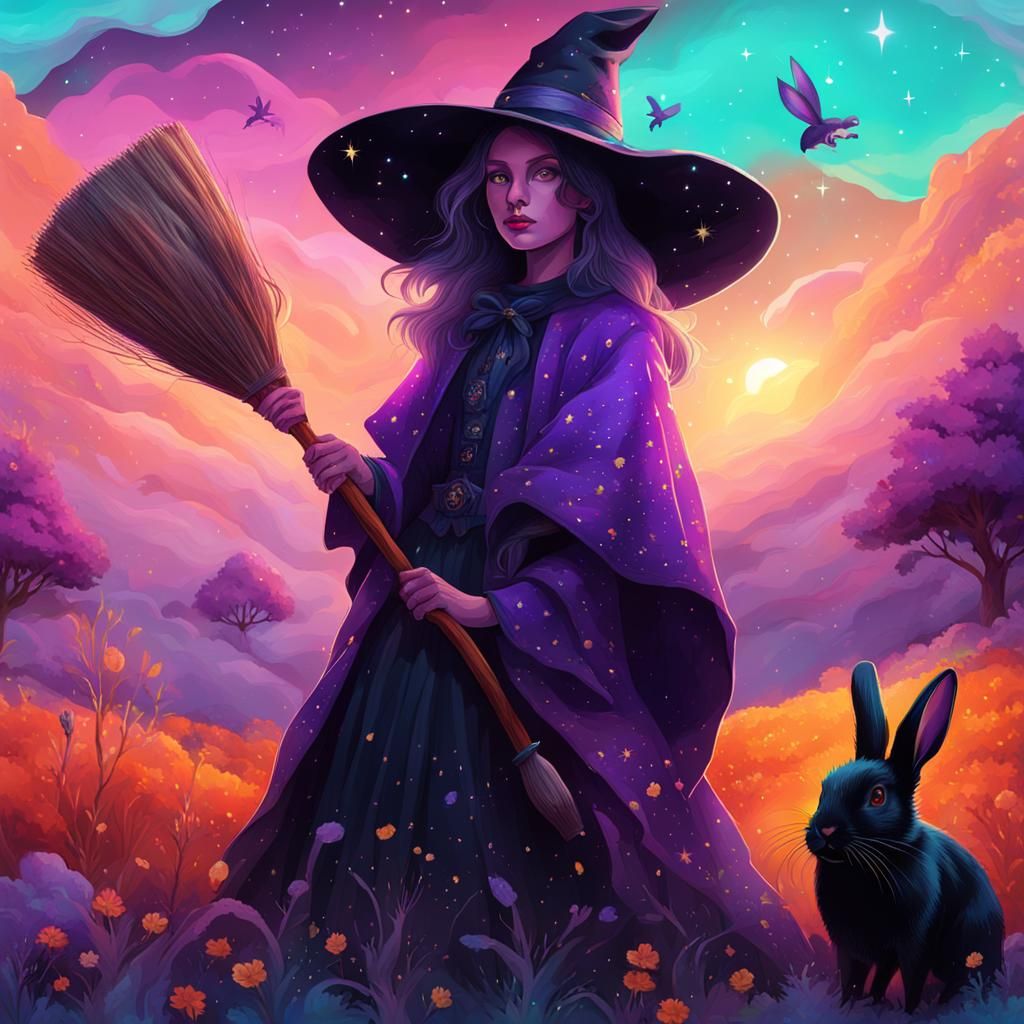 Witch and her black rabbit searching the fields