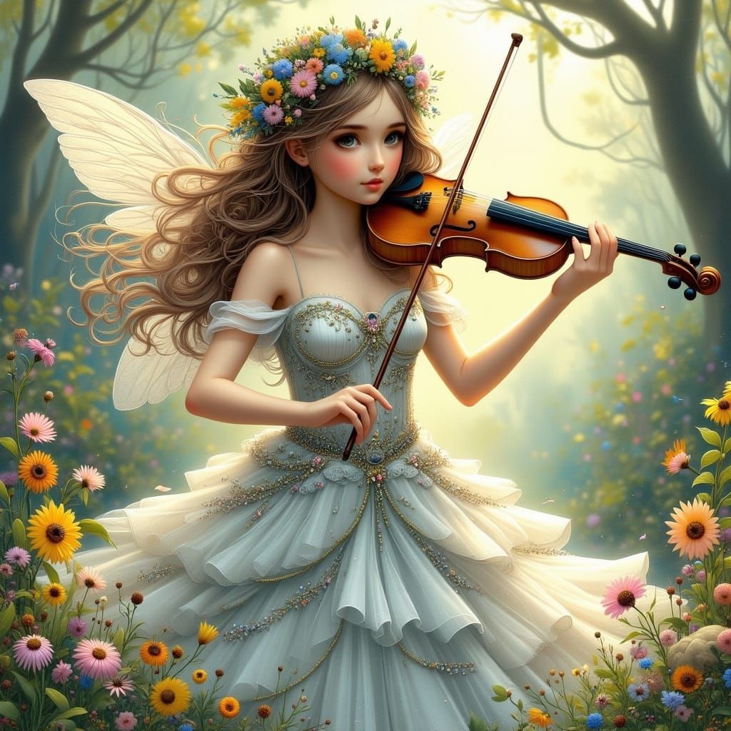 Whimsical Fairy Violinist in Watercolour Woodsplash Style