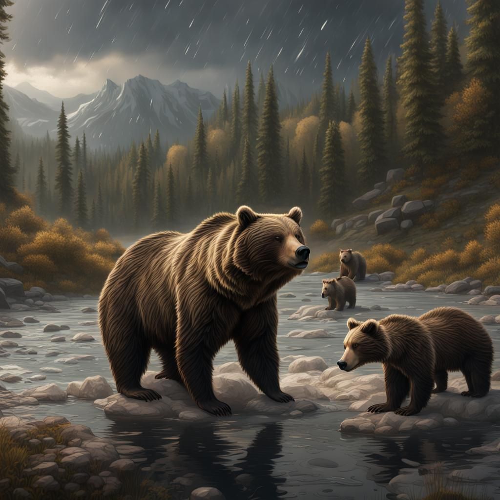 Grizzly Bear Family: Detailed Matte Painting