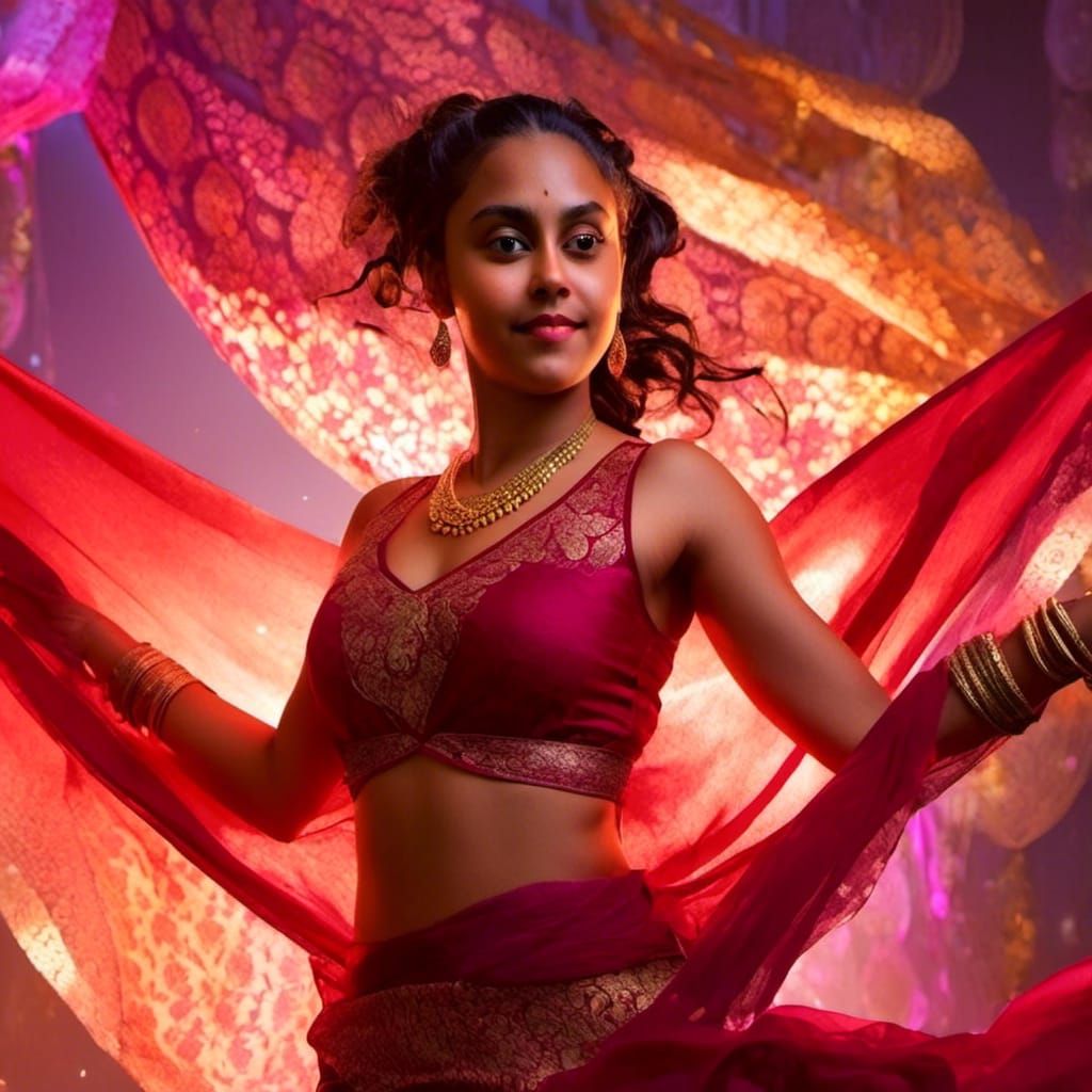 Dancing Woman in Burgundy and Gold Saree