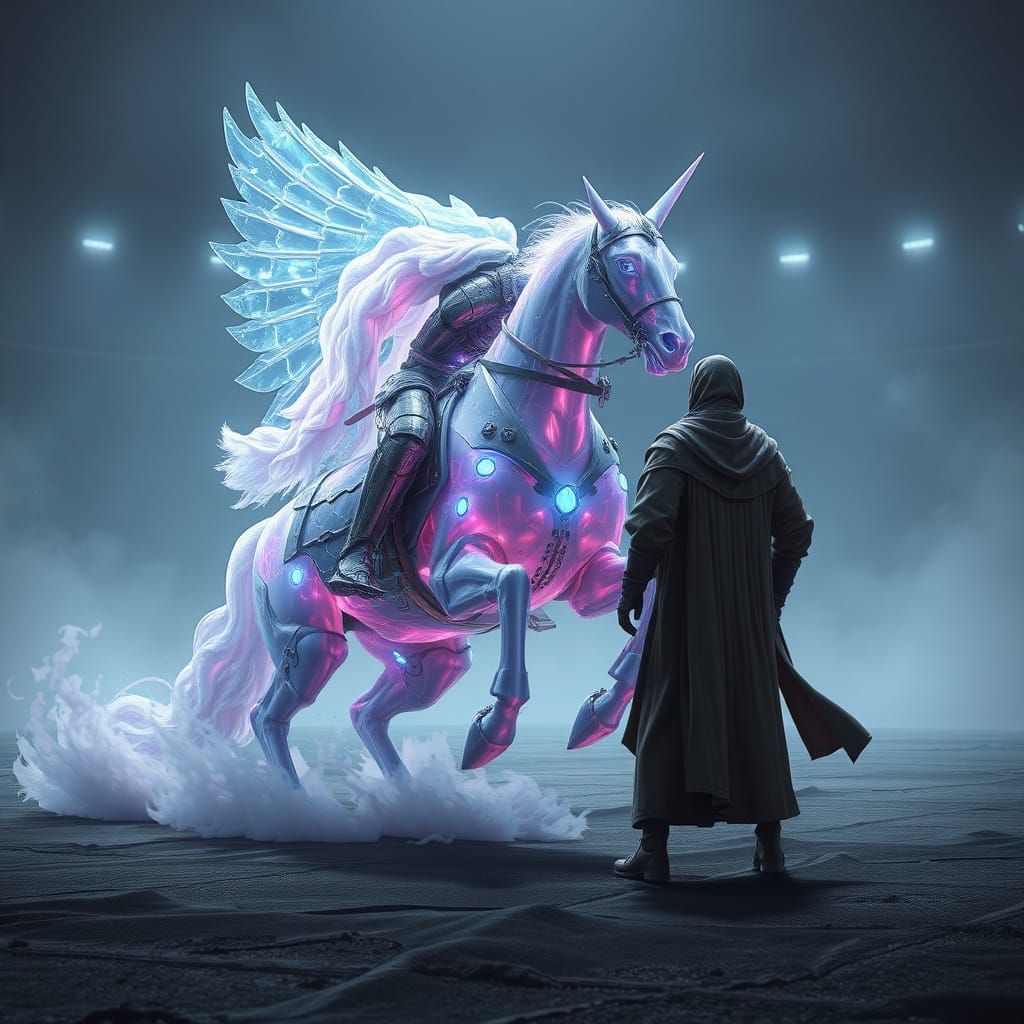 Cyberpunk Knight Jousts on Glowing Horse in Dreamlike Arena