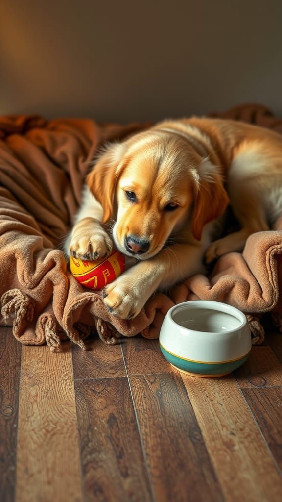 Golden Retriever in Cozy Bed with Ball and Food