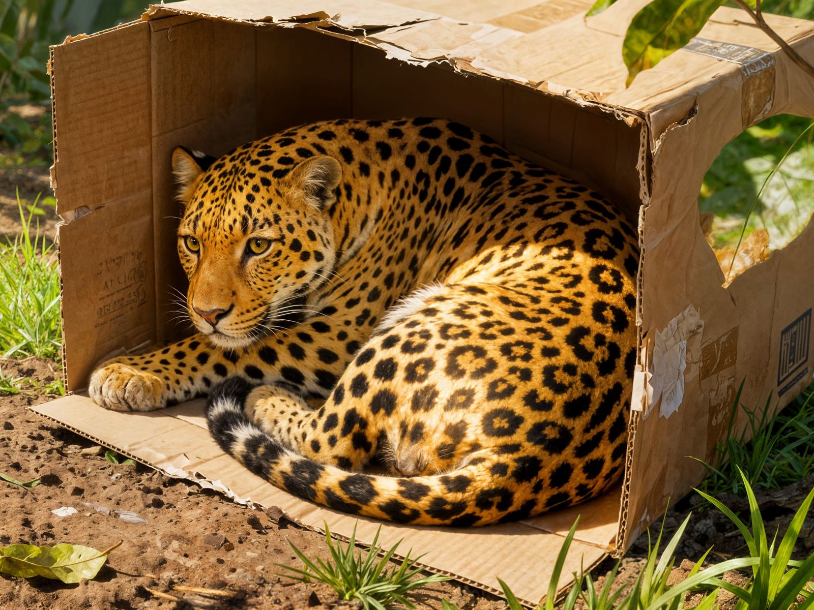 Majestic Jaguar in Cardboard Box in Sunlight
