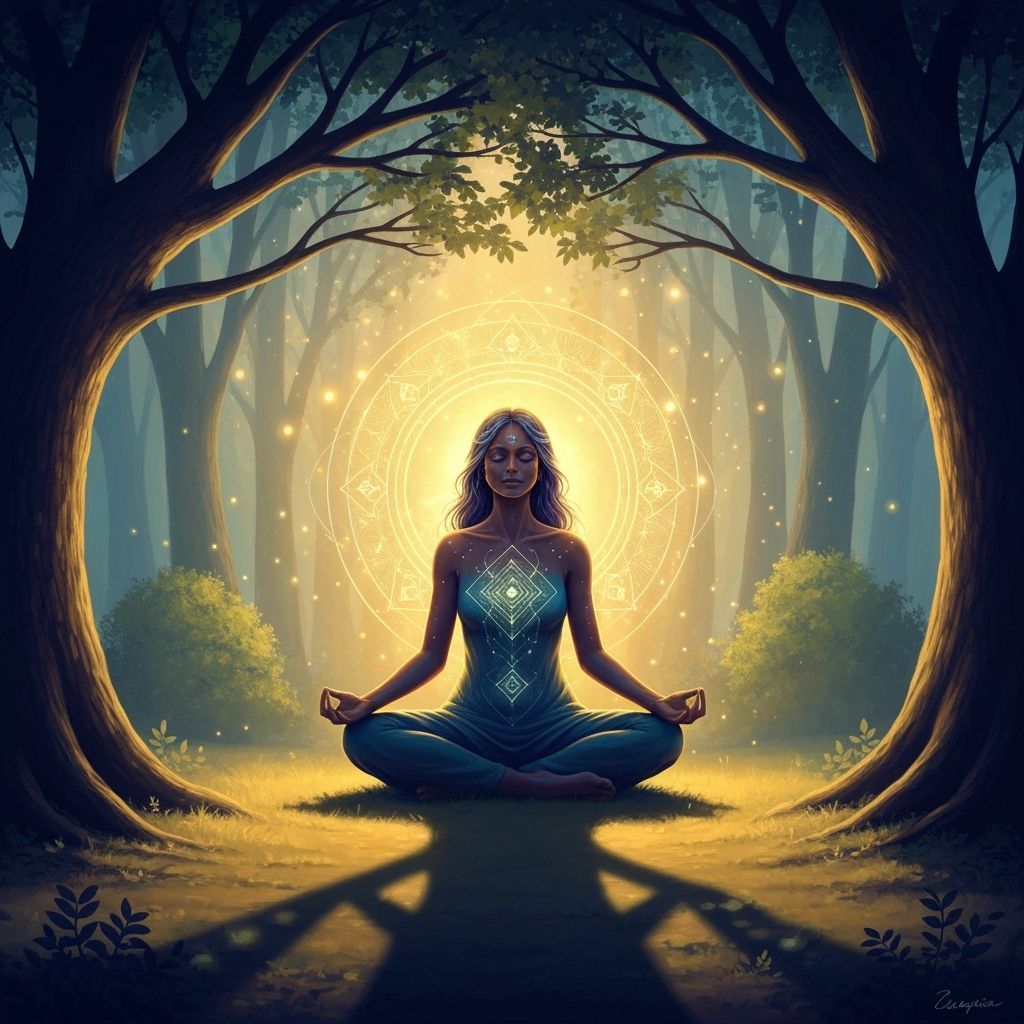 Serene Woman Meditating in Ethereal Forest Light