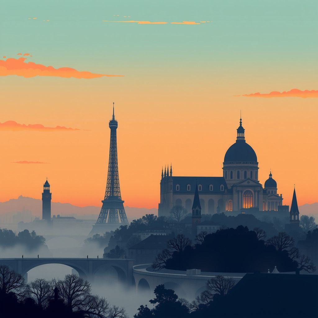 Paris Skyline in Art Nouveau Style