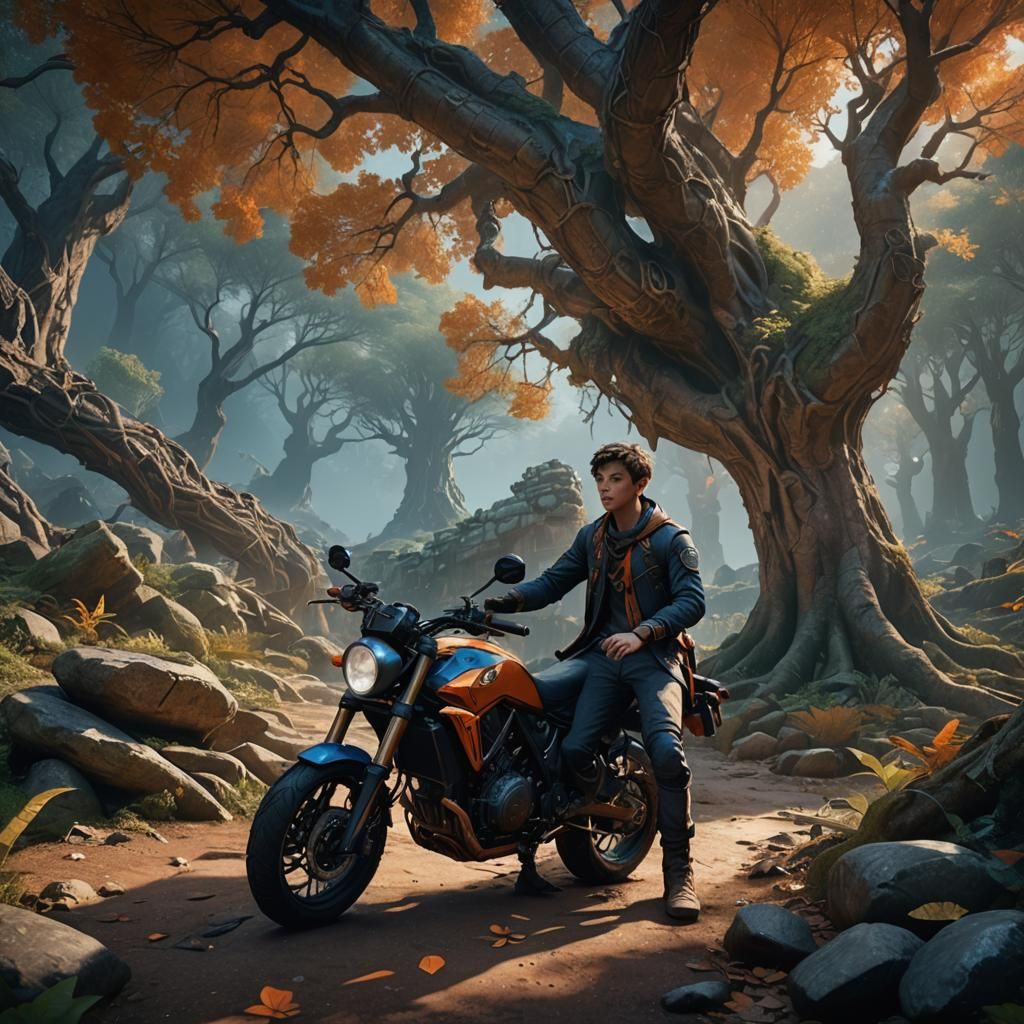 Boy with Motorbike in Mystical Forest