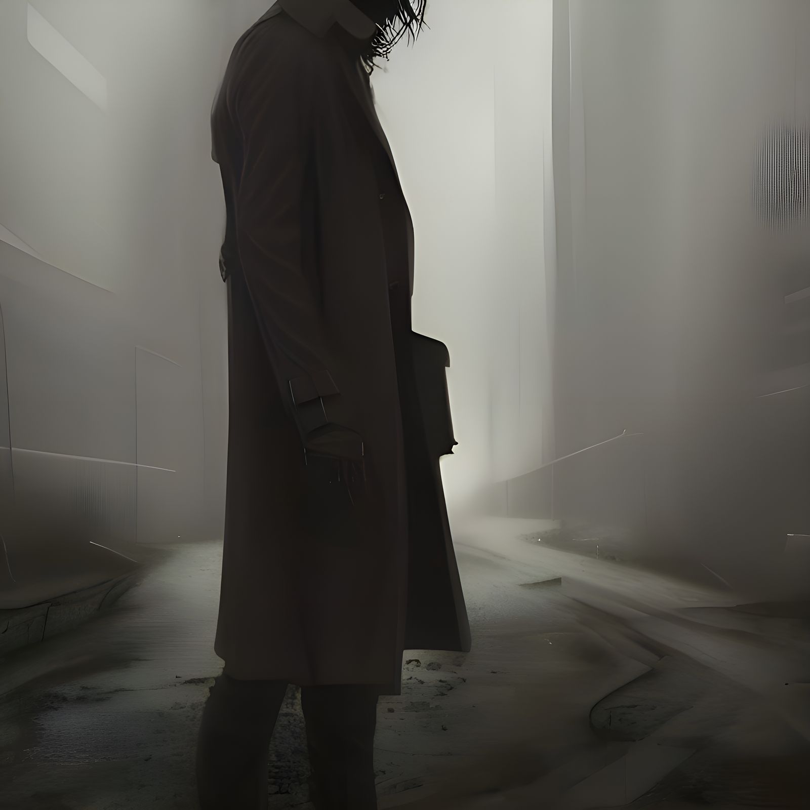 Dark Fantasy Man in Trench Coat in Rainy Industrial Park