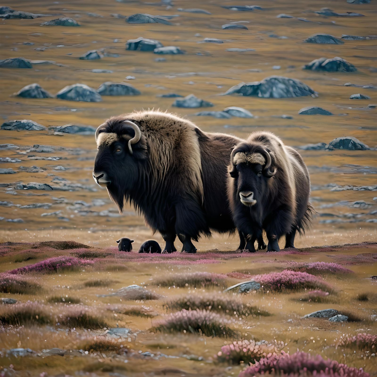 Muskox Mother and Calf on Arctic Tundra