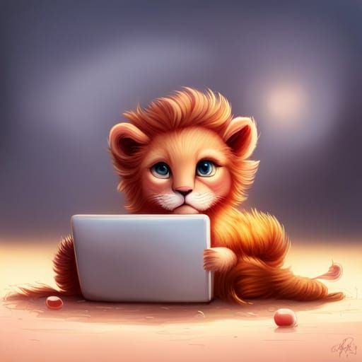 Lion Welps Around a Macbook in Digital Art