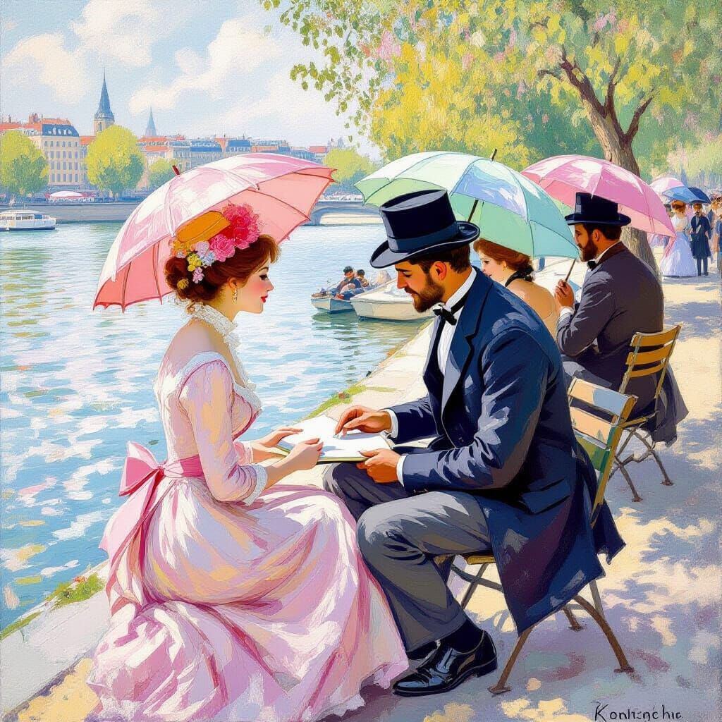 Parisian Riverside Scene in Pointillist Neo-Impressionist St...
