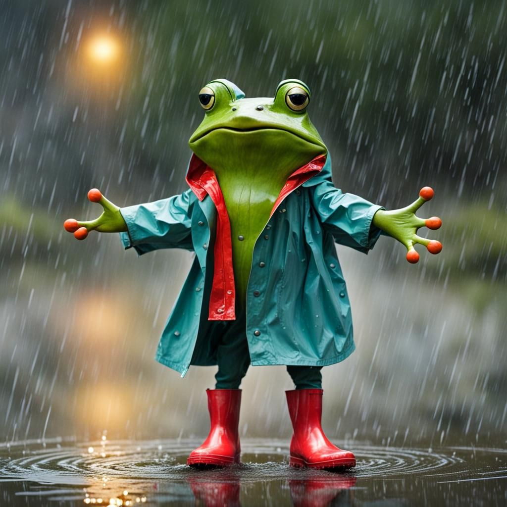 Frog Dances in the Rain with Raincoat