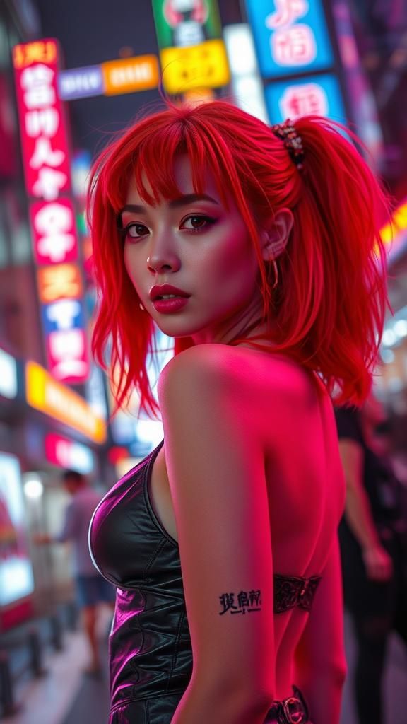 Redhead in Neon Shibuya: Cyberpunk Editorial Photography