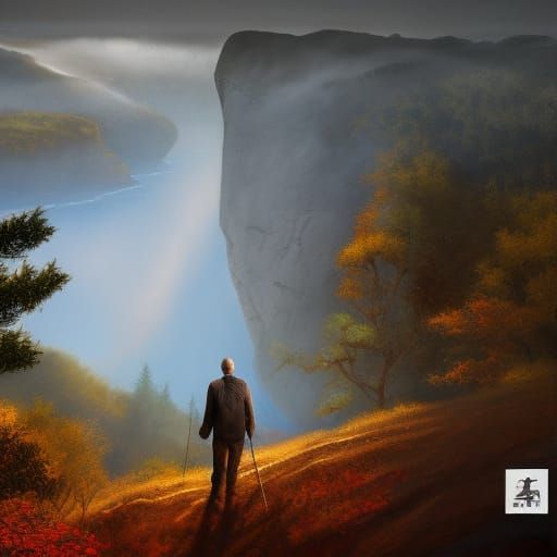 Epic Forest Scene with Hiker, Oil on Canvas