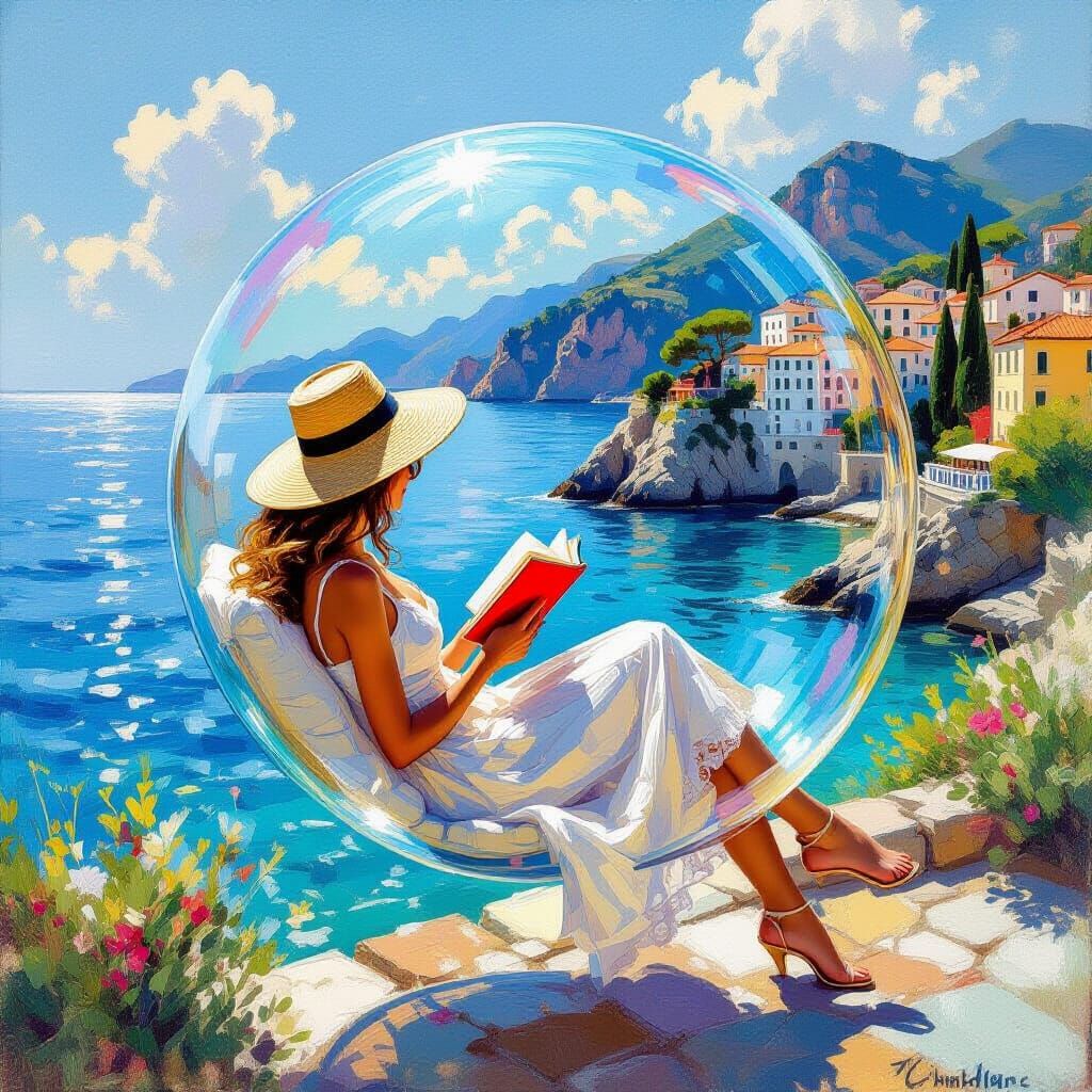 Impressionist Painting of Woman Reading in Levitating Bubble