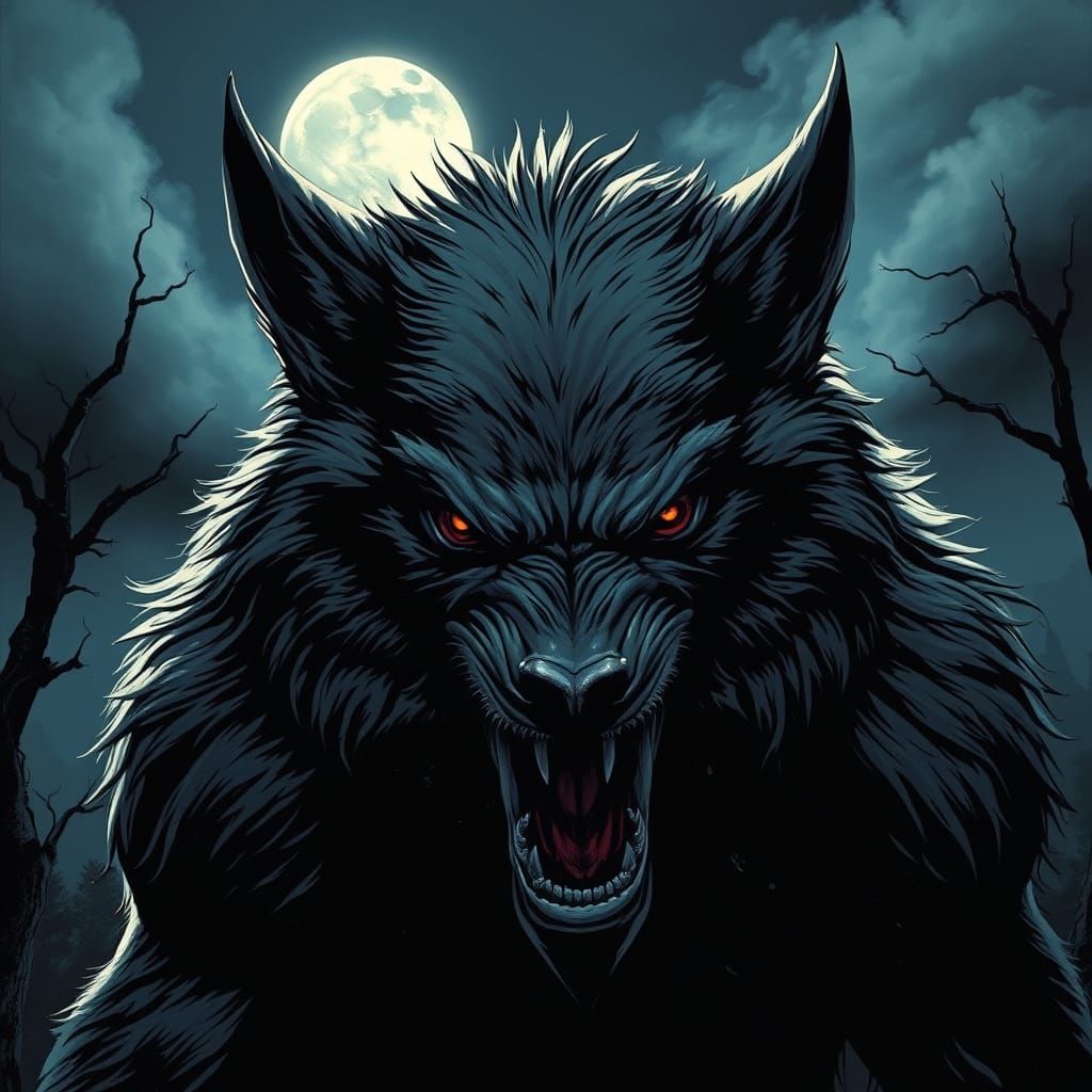Menacing Werewolf Under Full Moon in Comic Book Art