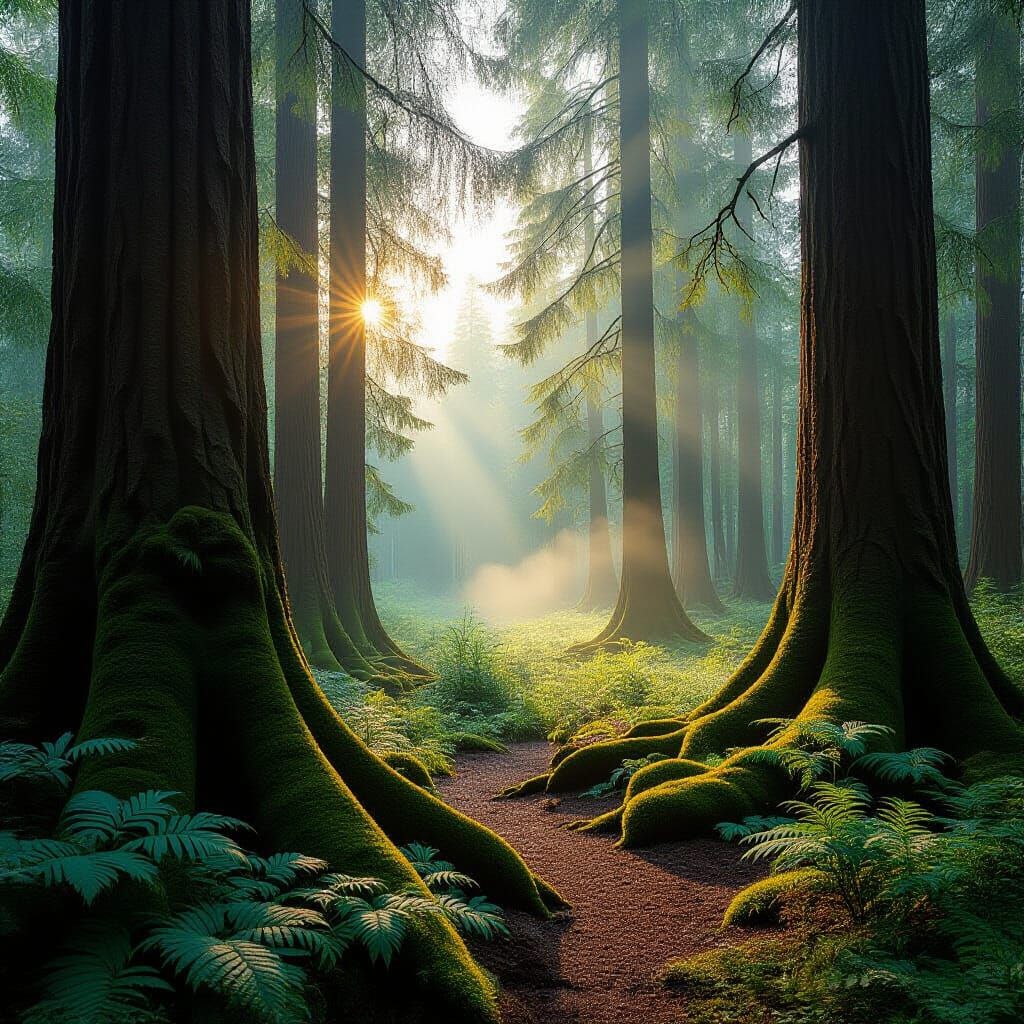 Tranquil Forest Clearing at Dawn in Ethereal Light