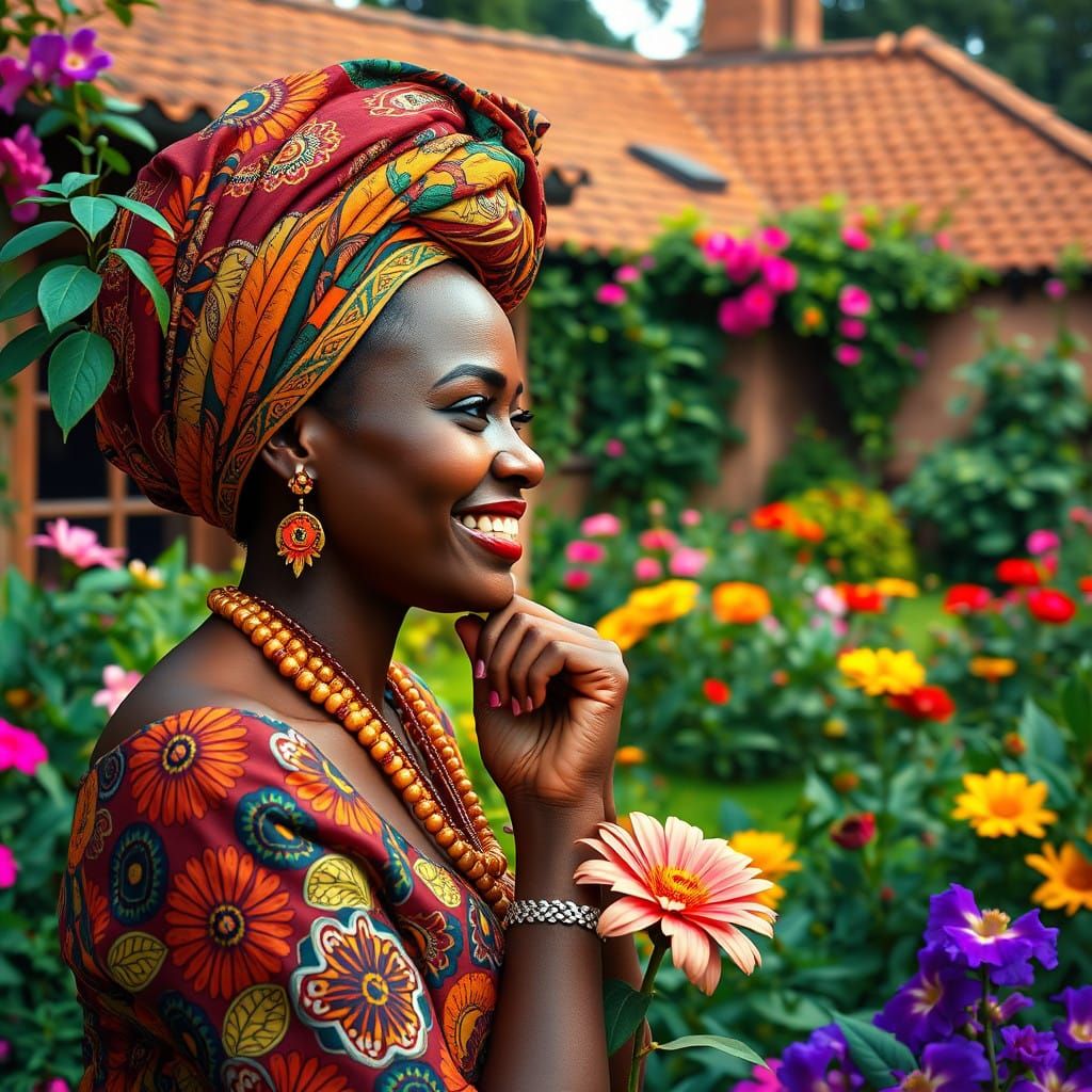 African Woman in Vibrant Traditional Attire Admires Flower G...