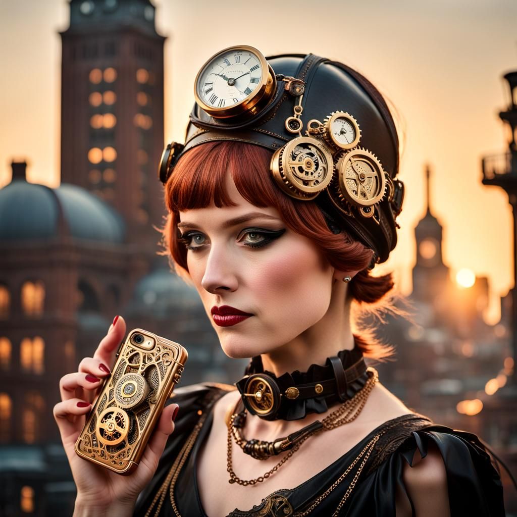 Steampunk Flapper with Vintage iPhone in 1920s Cityscape