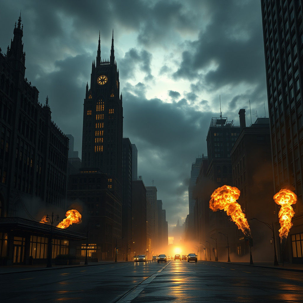 Gotham Cityscape at Dusk in Film Noir Style