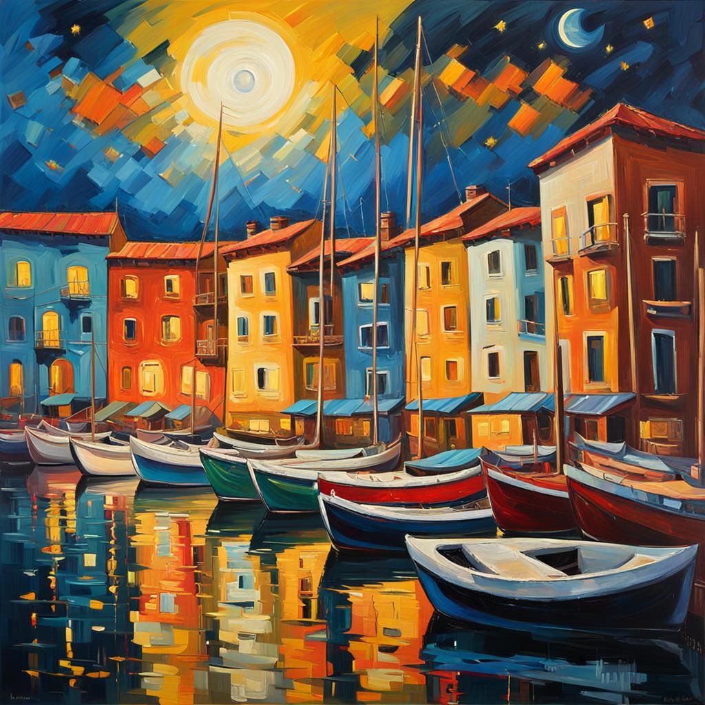 Vibrant Night Marina in Thick Impasto Oil Painting