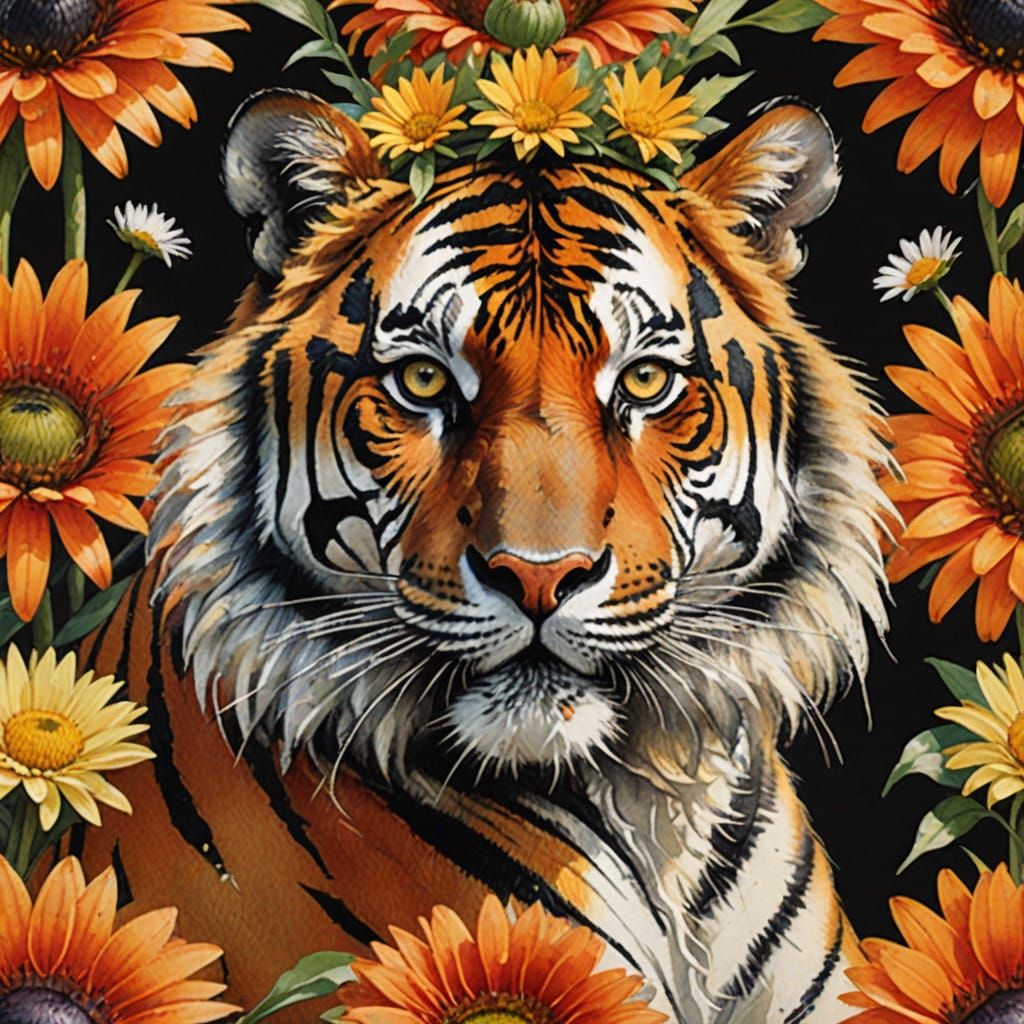 Majestic Tiger Adorned with Vibrant Daisy Crown