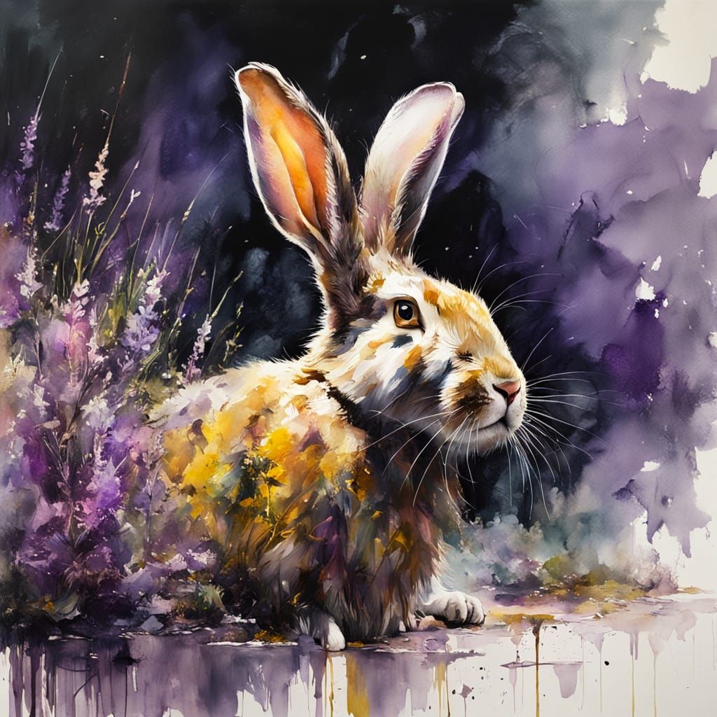 Vibrant Abstract Rabbit on Heather Mountains as Watercolor P...