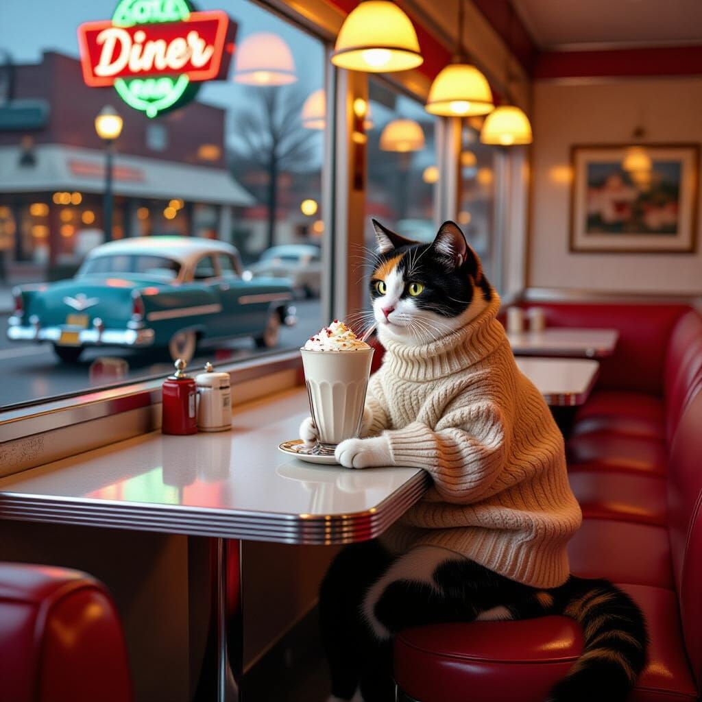Calico Cat Sipping Milkshake in Nostalgic Diner