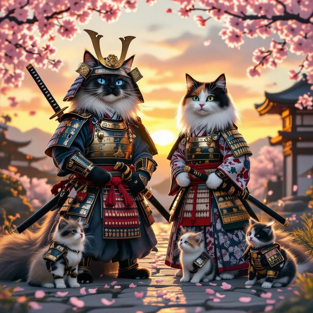 Samurai Cat Family Portrait Under Cherry Blossoms