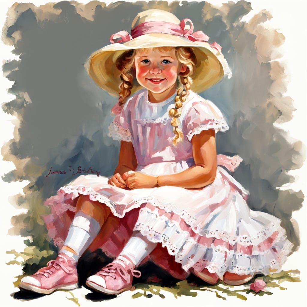 Whimsical Little Girl Wears Happy Birthday Sun Bonnet in Oil...
