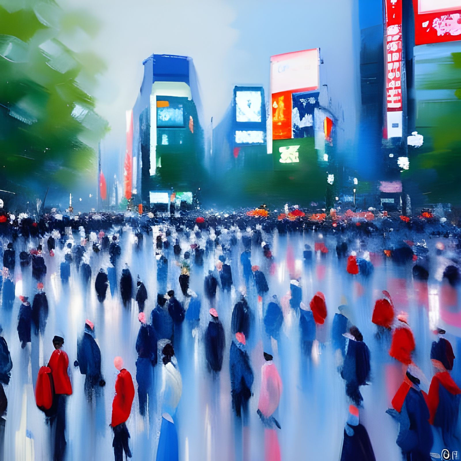 Impressionist Shibuya Crossing in Blue Hues